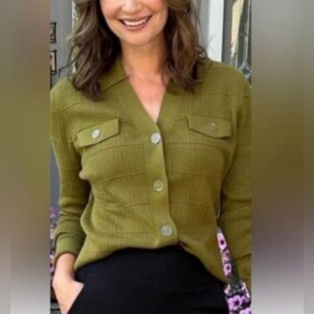 CAbi Olive Green Button-Front Exec Cardigan